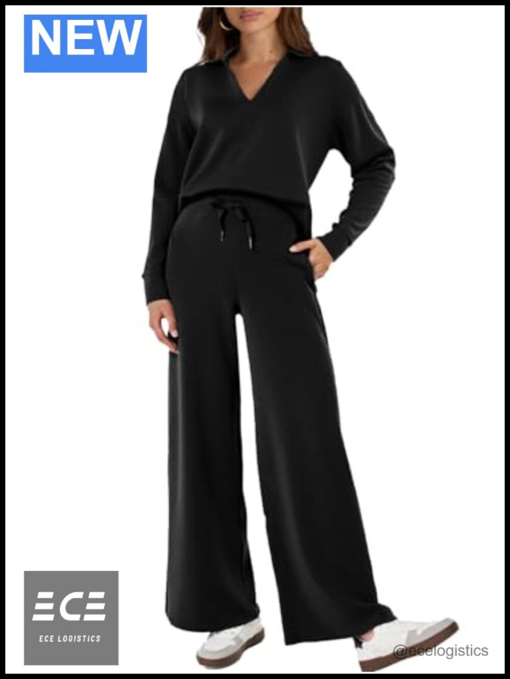 Women's 2 Piece Sweatsuit Set Polo Top Wide Leg Pants Casual Lounge Set